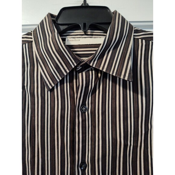 PERRY ELLIS Men's Black Brown Striped Long Sleeves Button-Down Shirt Size Large - Picture 9 of 16